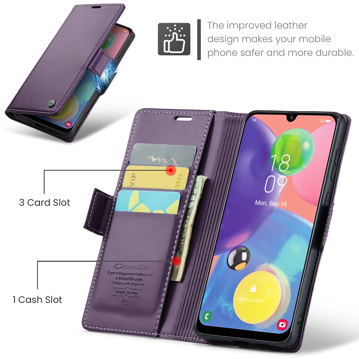 Caseme 023 Series For Samsung Galaxy A70 / A70s Wallet Stand Phone Leather Case RFID Blocking Phone Cover - Purple