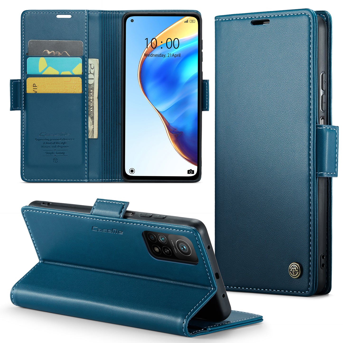 Caseme 023 Series For Xiaomi Mi 10T 5G / Mi 10T Pro 5G / Redmi K30S RFID Blocking PU Leather Wallet Case Stand Phone Cover - Blue