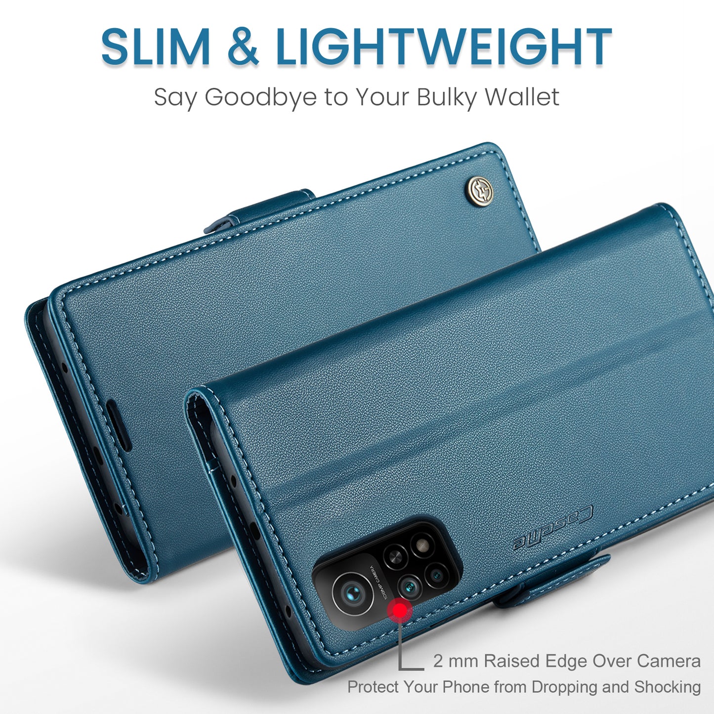 Caseme 023 Series For Xiaomi Mi 10T 5G / Mi 10T Pro 5G / Redmi K30S RFID Blocking PU Leather Wallet Case Stand Phone Cover - Blue