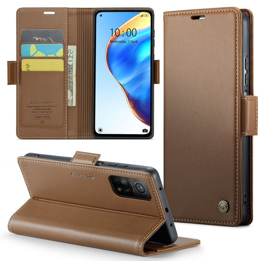Caseme 023 Series For Xiaomi Mi 10T 5G / Mi 10T Pro 5G / Redmi K30S RFID Blocking PU Leather Wallet Case Stand Phone Cover - Brown