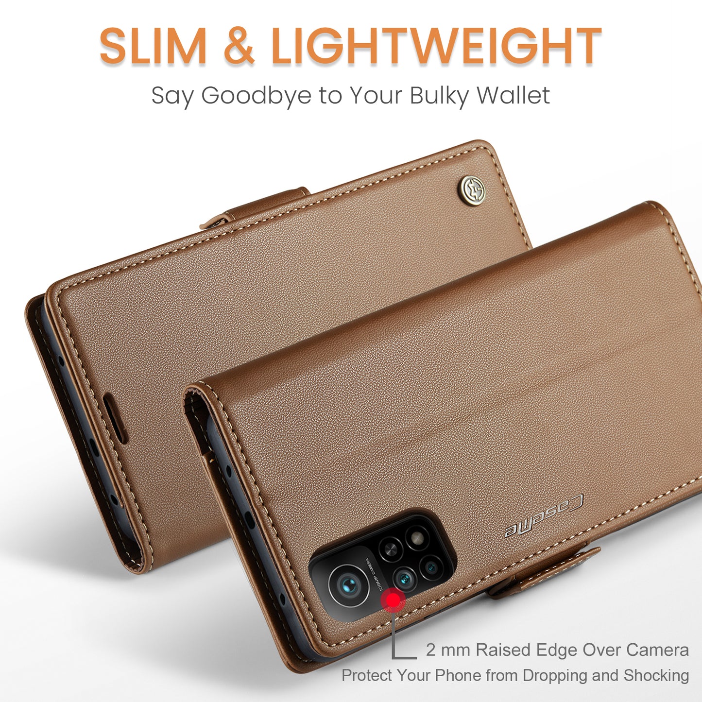 Caseme 023 Series For Xiaomi Mi 10T 5G / Mi 10T Pro 5G / Redmi K30S RFID Blocking PU Leather Wallet Case Stand Phone Cover - Brown