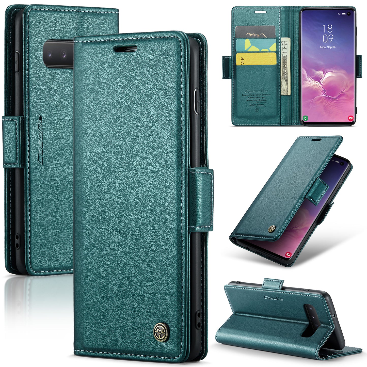 Caseme 023 Series For Samsung Galaxy S10 PU Leather RFID Blocking Case Wallet Stand Phone Cover - Green