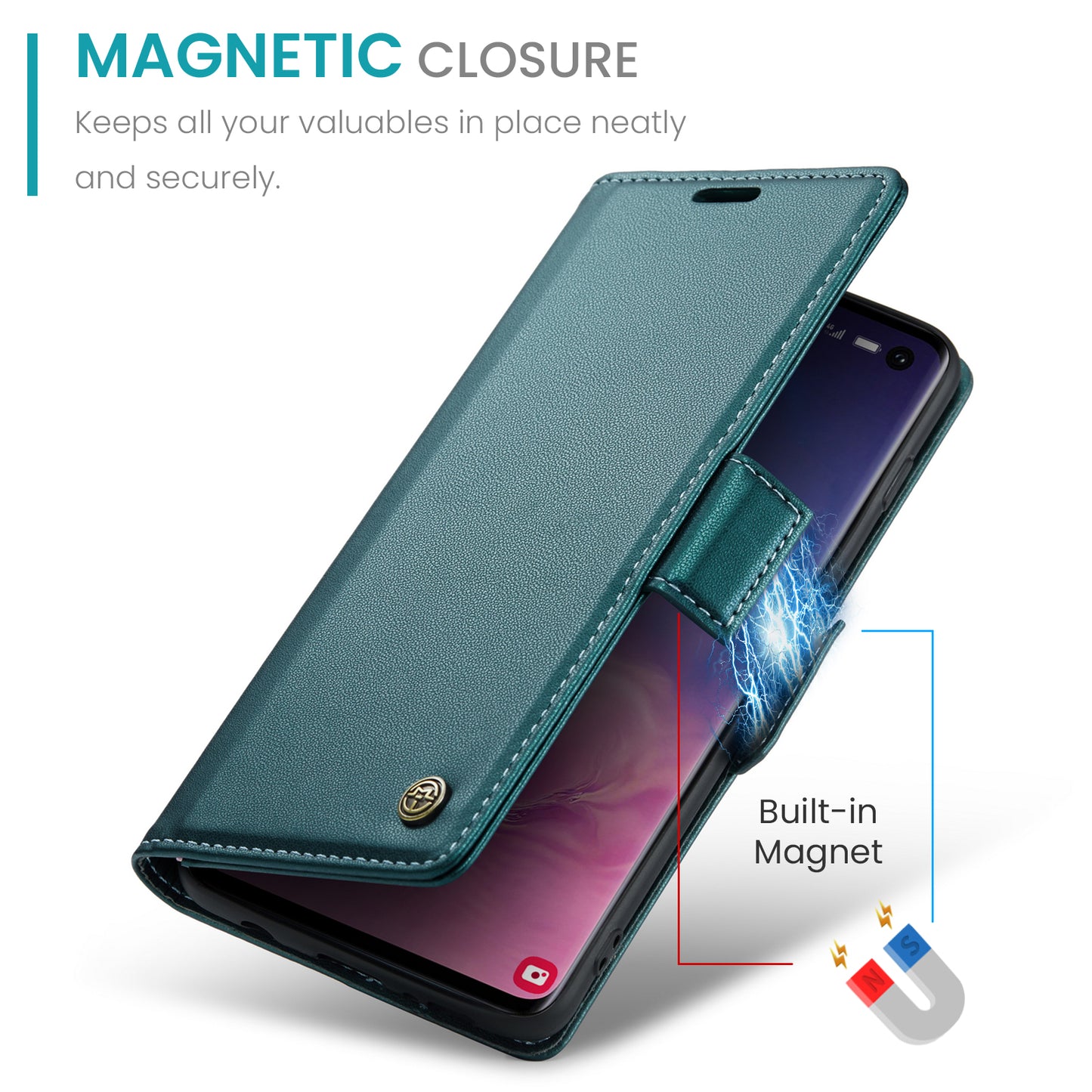 Caseme 023 Series For Samsung Galaxy S10 PU Leather RFID Blocking Case Wallet Stand Phone Cover - Green