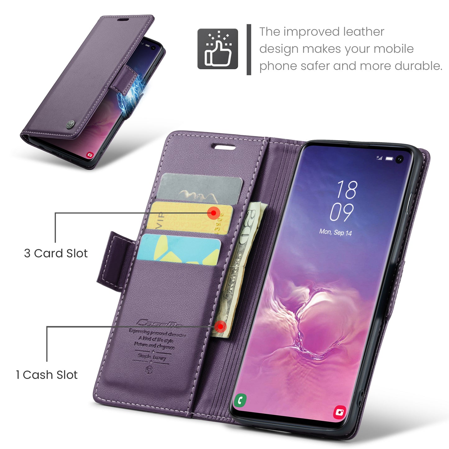 Caseme 023 Series For Samsung Galaxy S10 PU Leather RFID Blocking Case Wallet Stand Phone Cover - Purple