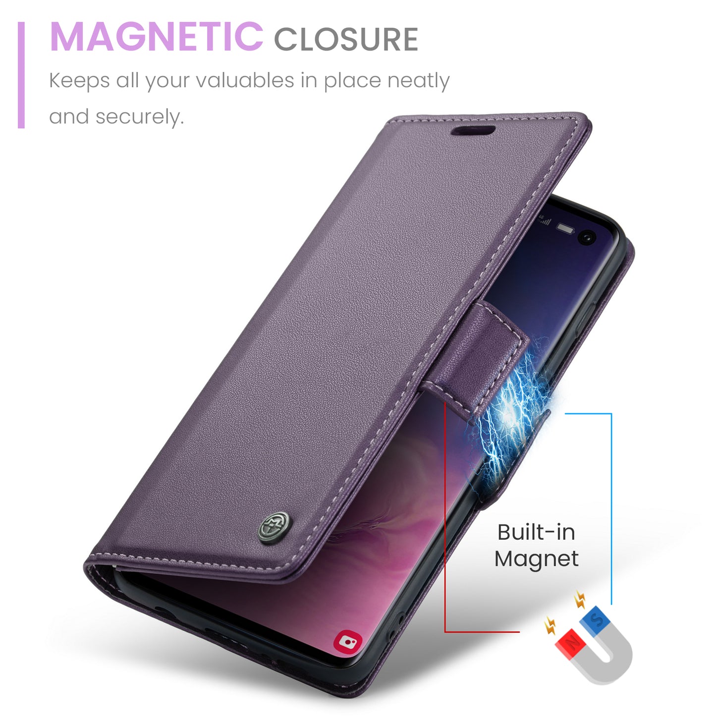 Caseme 023 Series For Samsung Galaxy S10 PU Leather RFID Blocking Case Wallet Stand Phone Cover - Purple