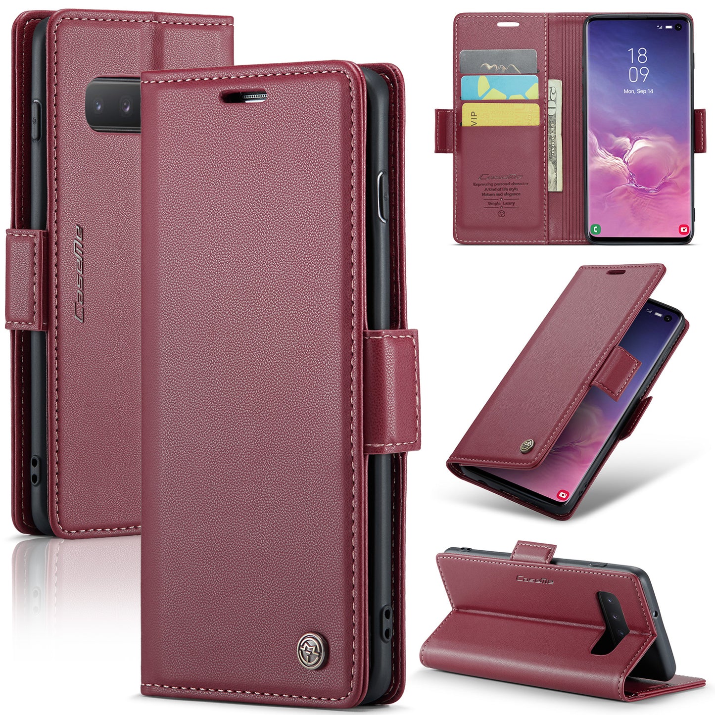 Caseme 023 Series For Samsung Galaxy S10 PU Leather RFID Blocking Case Wallet Stand Phone Cover - Red
