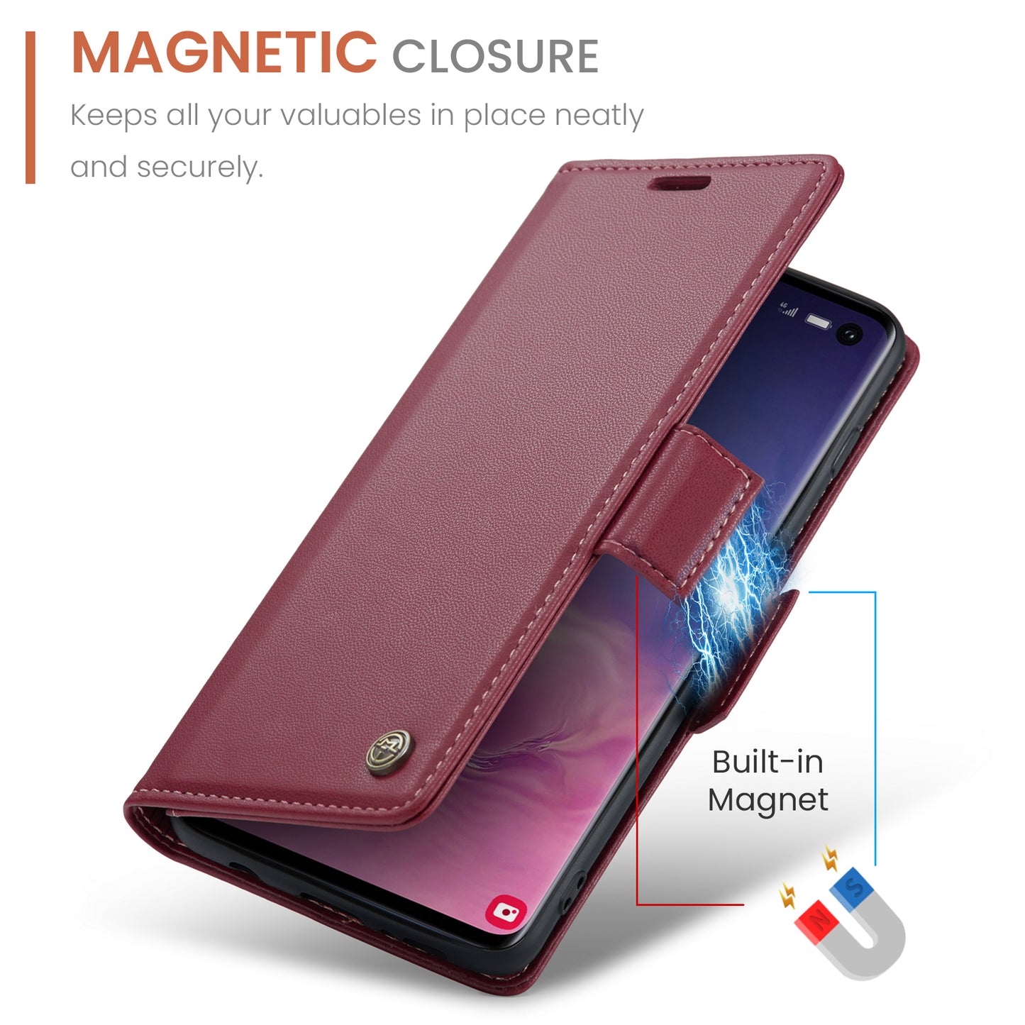 Caseme 023 Series For Samsung Galaxy S10 PU Leather RFID Blocking Case Wallet Stand Phone Cover - Red