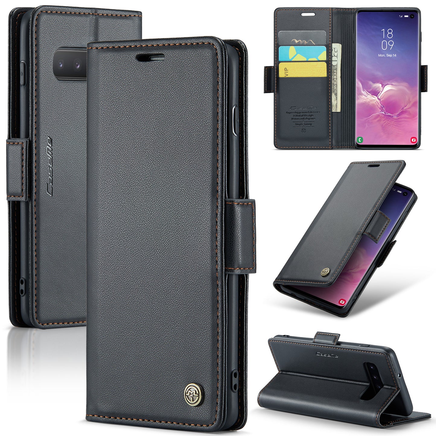 Caseme 023 Series For Samsung Galaxy S10 PU Leather RFID Blocking Case Wallet Stand Phone Cover - Black