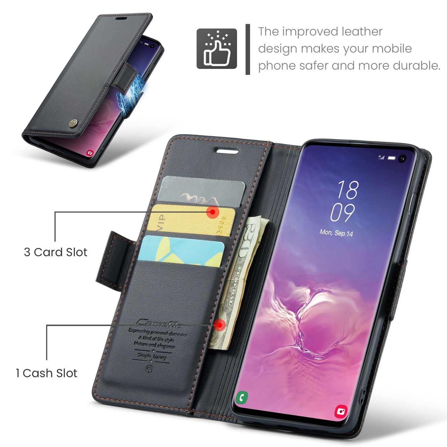 Caseme 023 Series For Samsung Galaxy S10 PU Leather RFID Blocking Case Wallet Stand Phone Cover - Black