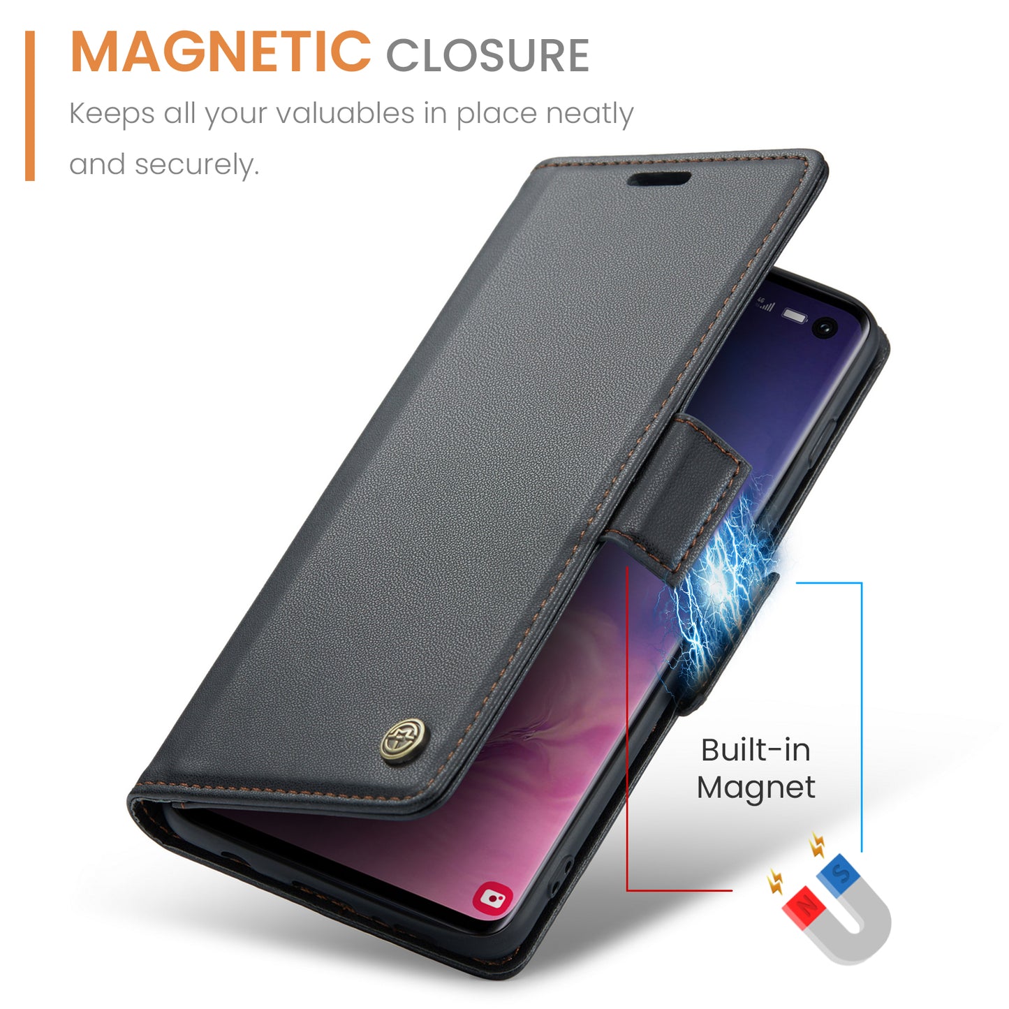 Caseme 023 Series For Samsung Galaxy S10 PU Leather RFID Blocking Case Wallet Stand Phone Cover - Black