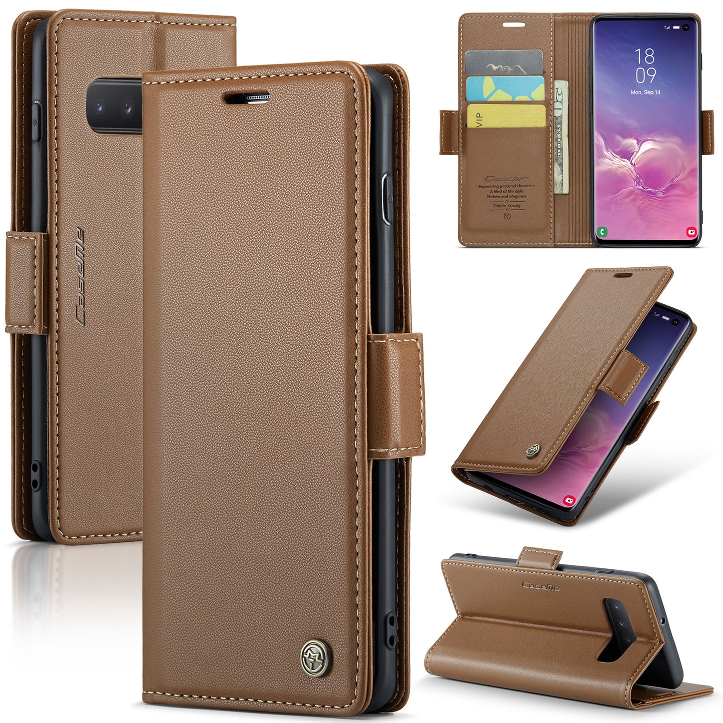 Caseme 023 Series For Samsung Galaxy S10 PU Leather RFID Blocking Case Wallet Stand Phone Cover - Brown