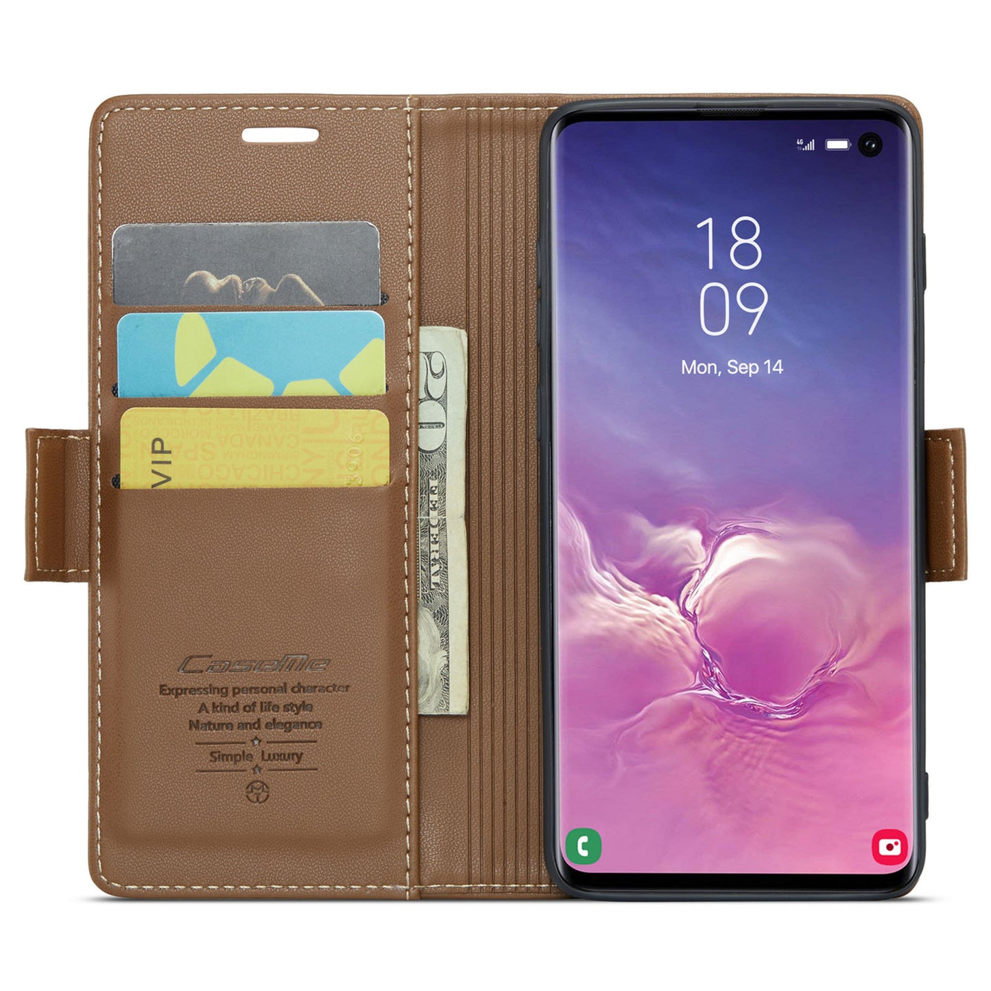 Caseme 023 Series For Samsung Galaxy S10 PU Leather RFID Blocking Case Wallet Stand Phone Cover - Brown