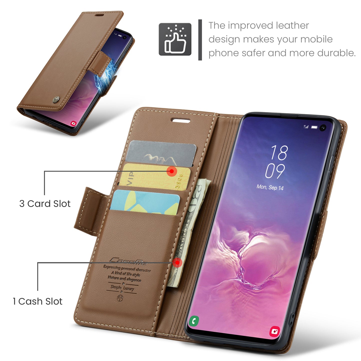 Caseme 023 Series For Samsung Galaxy S10 PU Leather RFID Blocking Case Wallet Stand Phone Cover - Brown