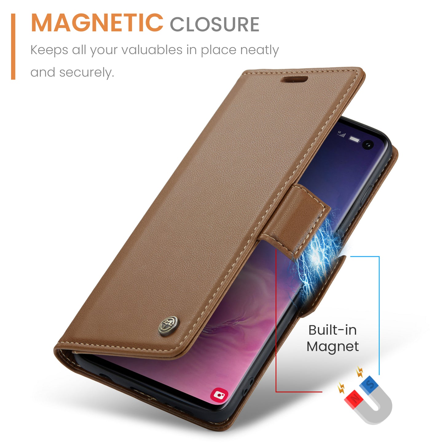 Caseme 023 Series For Samsung Galaxy S10 PU Leather RFID Blocking Case Wallet Stand Phone Cover - Brown