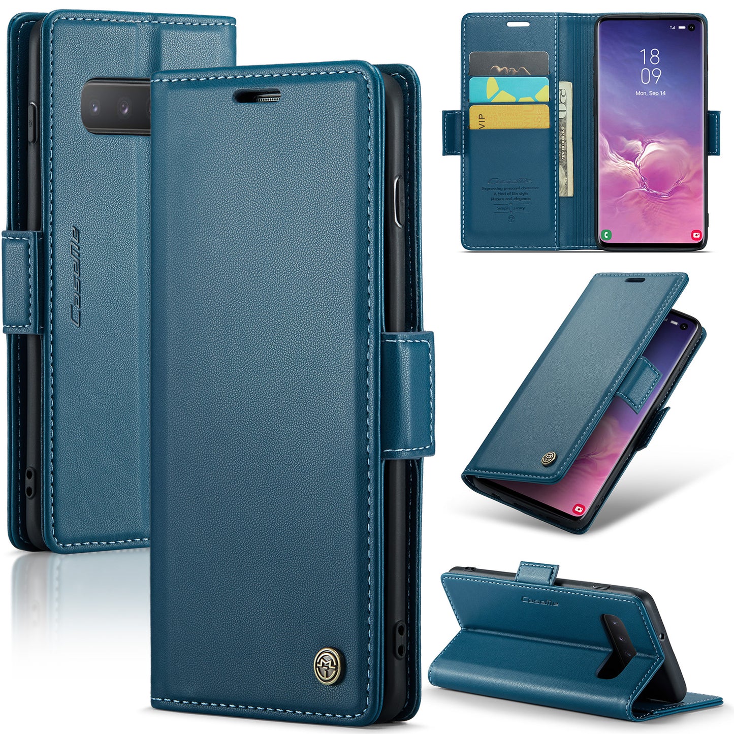 Caseme 023 Series For Samsung Galaxy S10 PU Leather RFID Blocking Case Wallet Stand Phone Cover - Blue