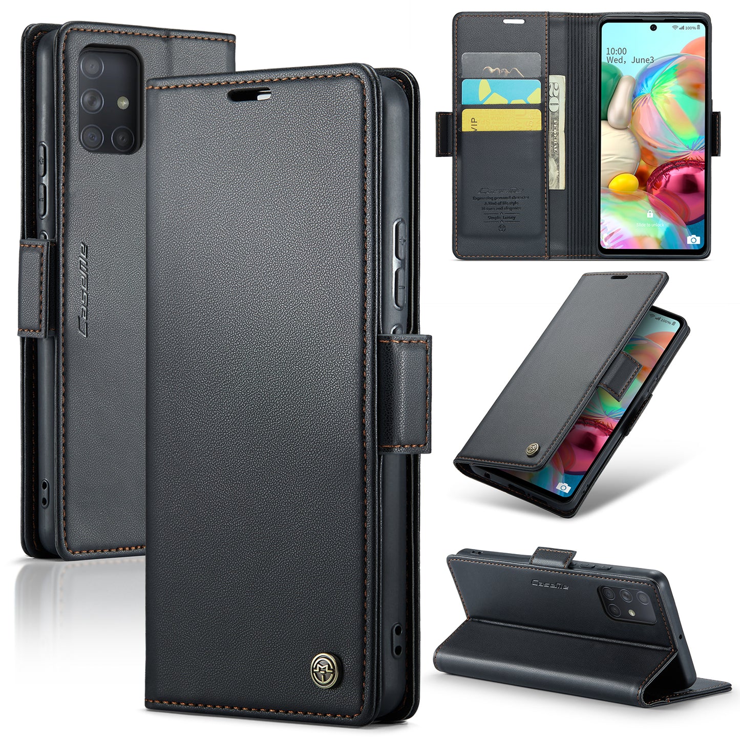 Caseme 023 Series For Samsung Galaxy A71 4G SM-A715 PU Leather Stand Phone Case RFID Blocking Wallet Cover - Black