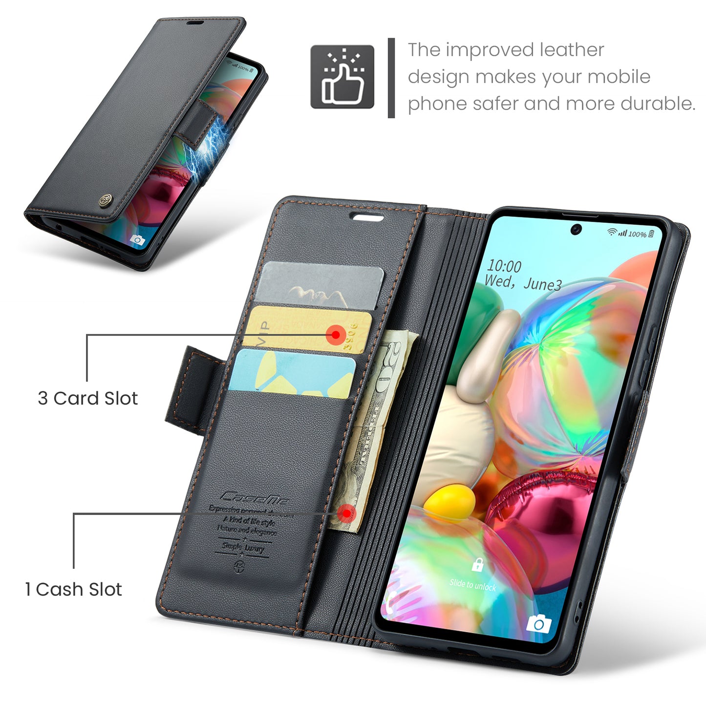 Caseme 023 Series For Samsung Galaxy A71 4G SM-A715 PU Leather Stand Phone Case RFID Blocking Wallet Cover - Black