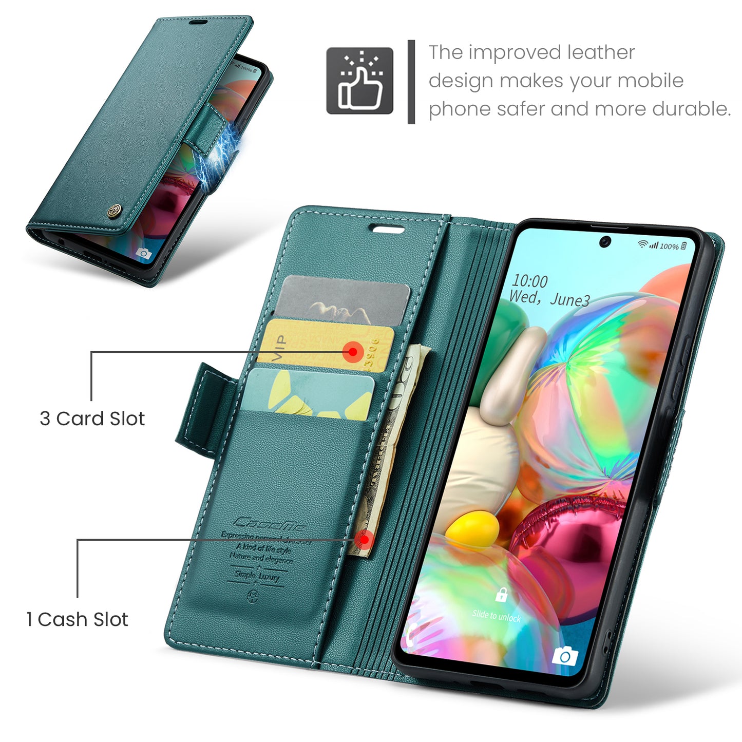 Caseme 023 Series For Samsung Galaxy A71 4G SM-A715 PU Leather Stand Phone Case RFID Blocking Wallet Cover - Green