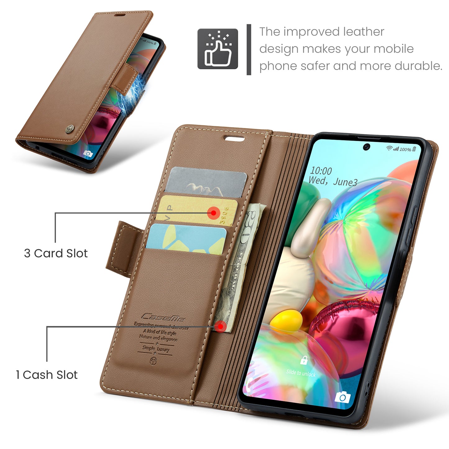 Caseme 023 Series For Samsung Galaxy A71 4G SM-A715 PU Leather Stand Phone Case RFID Blocking Wallet Cover - Brown