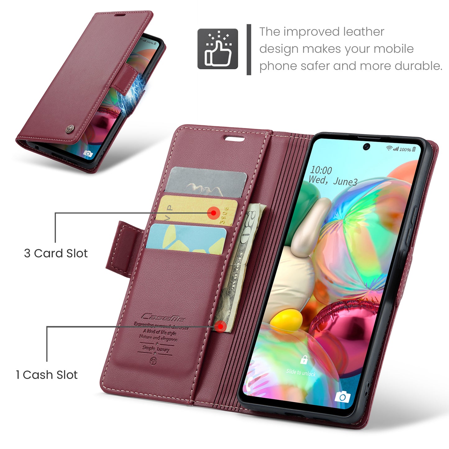 Caseme 023 Series For Samsung Galaxy A71 4G SM-A715 PU Leather Stand Phone Case RFID Blocking Wallet Cover - Red
