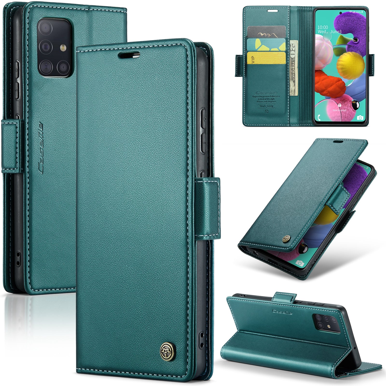 Caseme 023 Series Leather Phone Case for Samsung Galaxy A51 4G SM-A515 / M40S , Stand RFID Blocking Wallet Flip Cover - Green
