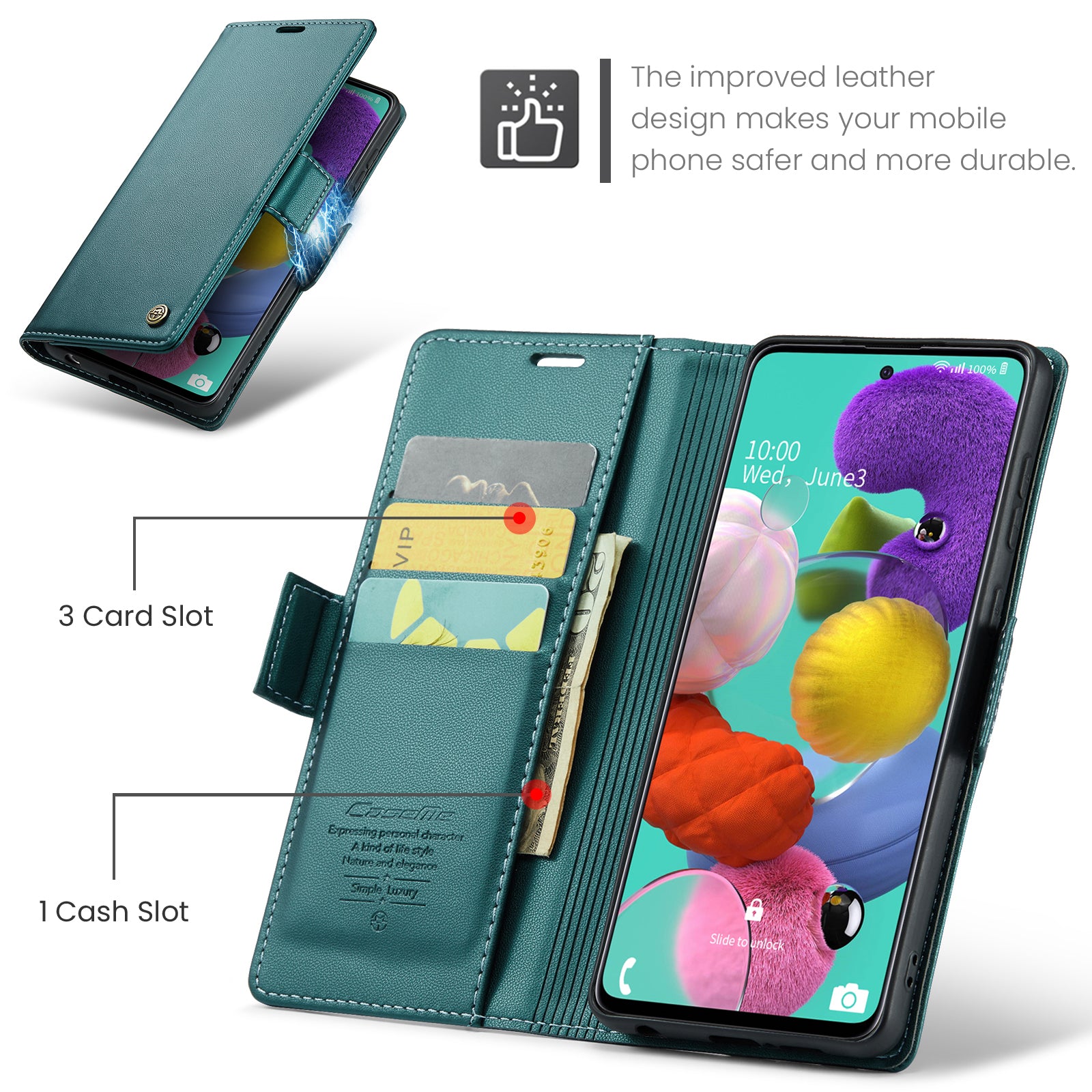 Caseme 023 Series Leather Phone Case for Samsung Galaxy A51 4G SM-A515 / M40S , Stand RFID Blocking Wallet Flip Cover - Green