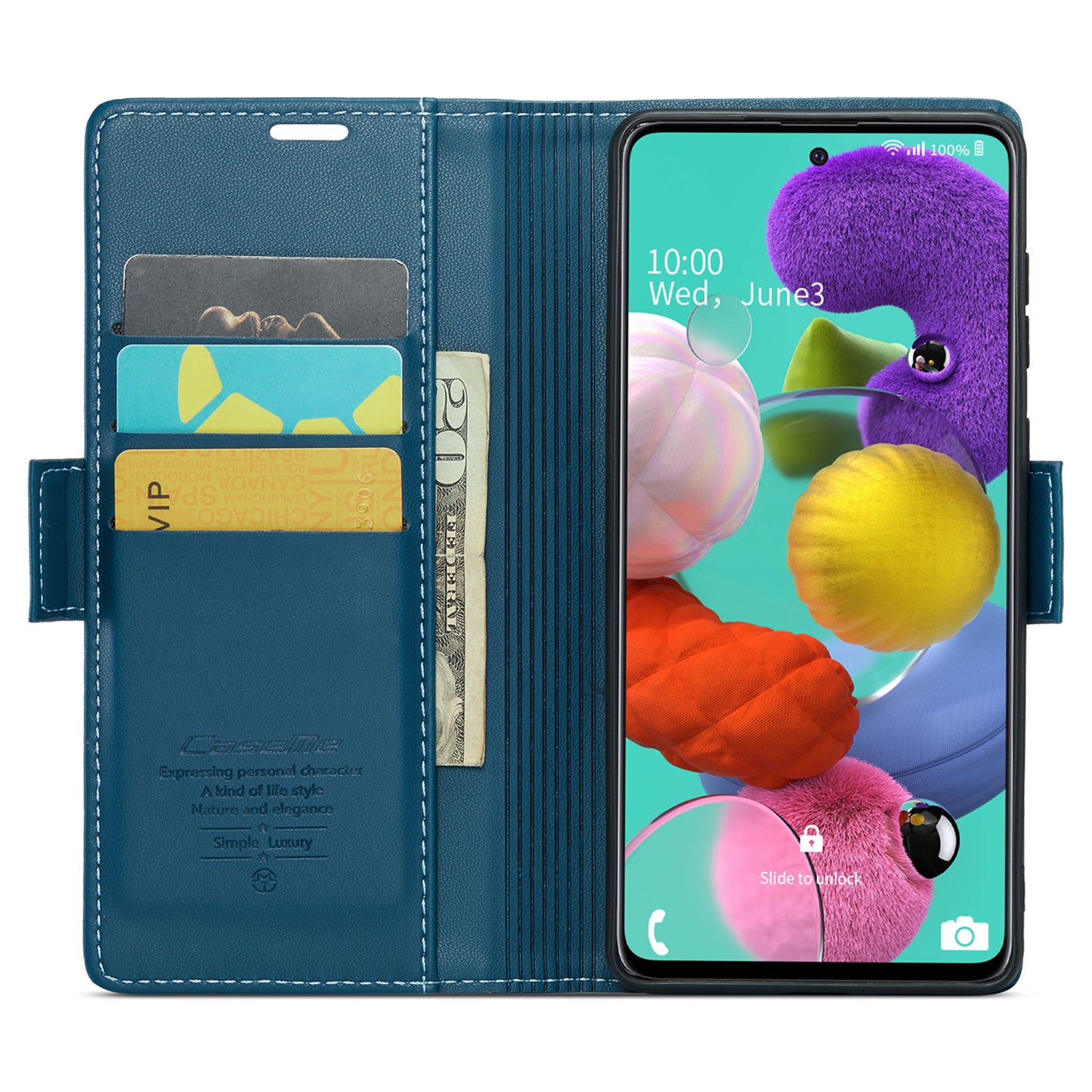 Caseme 023 Series Leather Phone Case for Samsung Galaxy A51 4G SM-A515 / M40S , Stand RFID Blocking Wallet Flip Cover - Blue