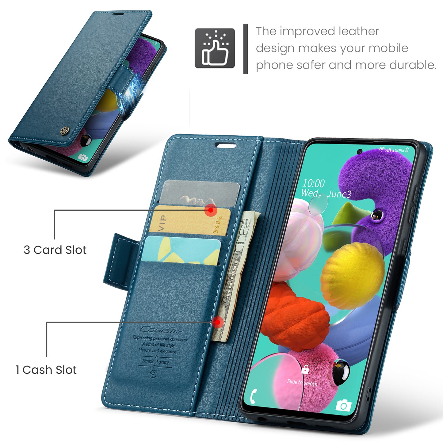 Caseme 023 Series Leather Phone Case for Samsung Galaxy A51 4G SM-A515 / M40S , Stand RFID Blocking Wallet Flip Cover - Blue