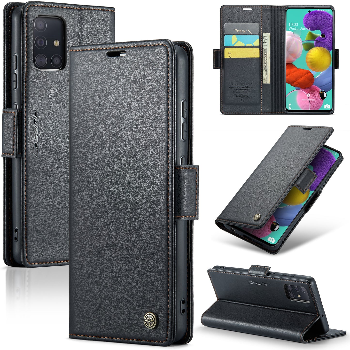 Caseme 023 Series Leather Phone Case for Samsung Galaxy A51 4G SM-A515 / M40S , Stand RFID Blocking Wallet Flip Cover - Black