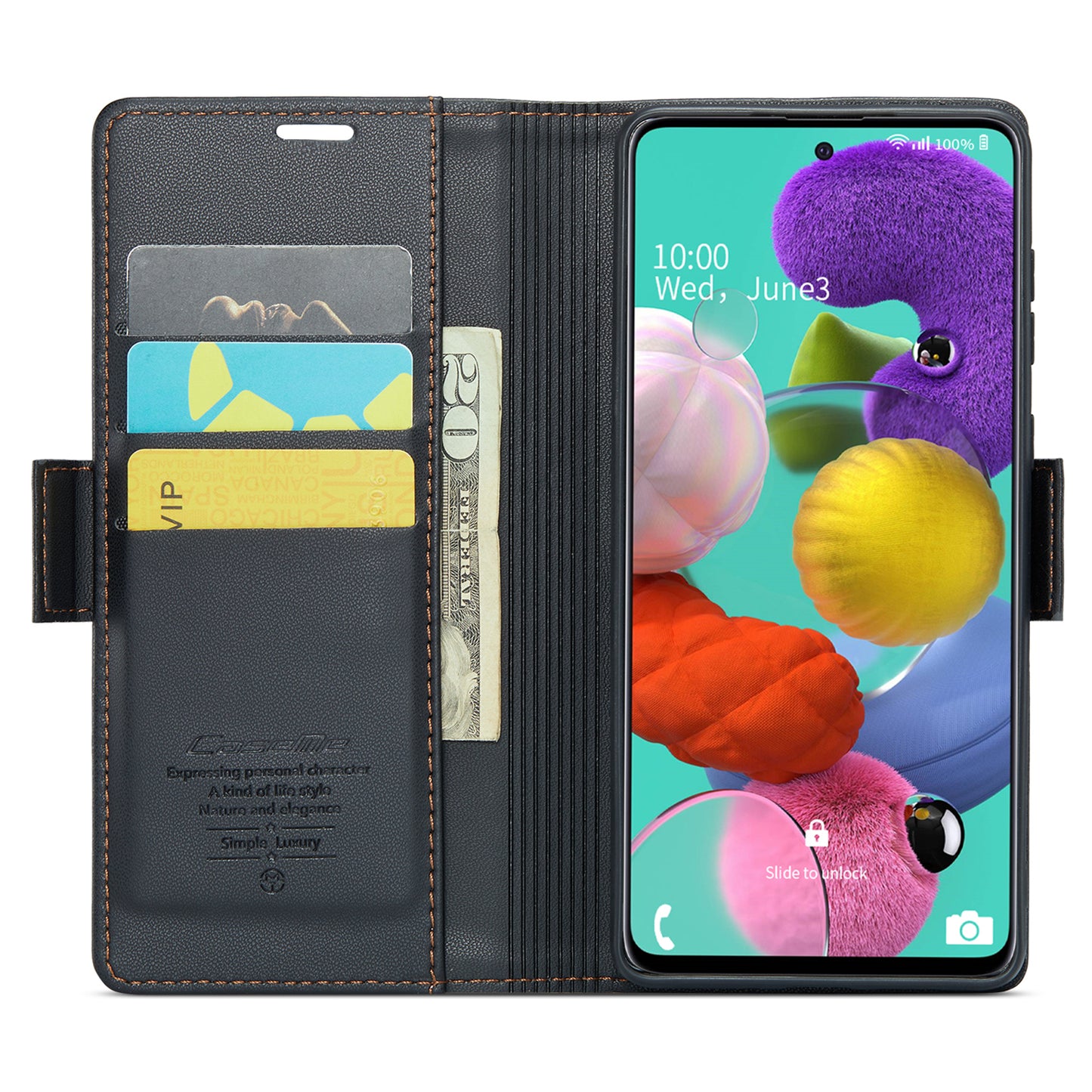 Caseme 023 Series Leather Phone Case for Samsung Galaxy A51 4G SM-A515 / M40S , Stand RFID Blocking Wallet Flip Cover - Black