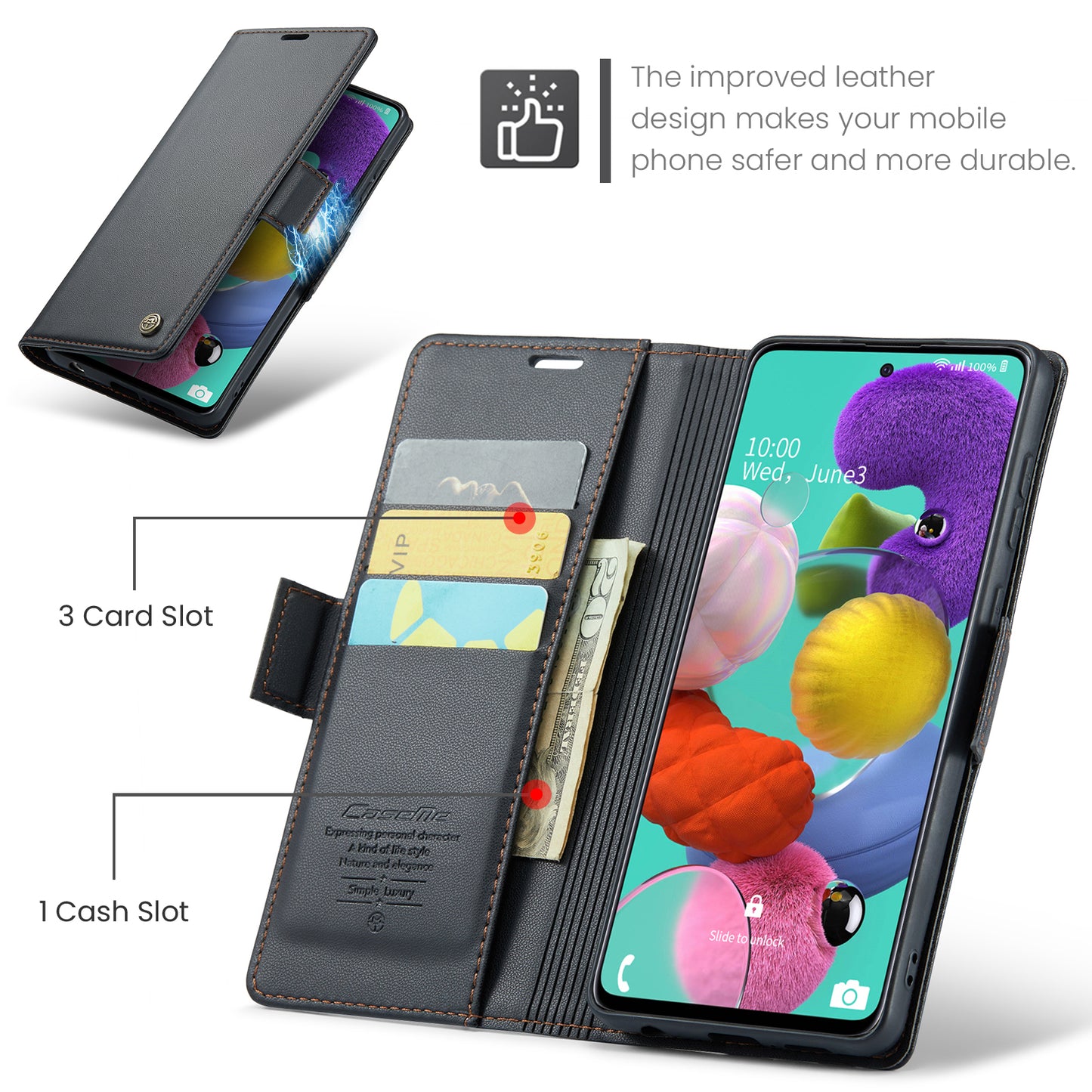 Caseme 023 Series Leather Phone Case for Samsung Galaxy A51 4G SM-A515 / M40S , Stand RFID Blocking Wallet Flip Cover - Black