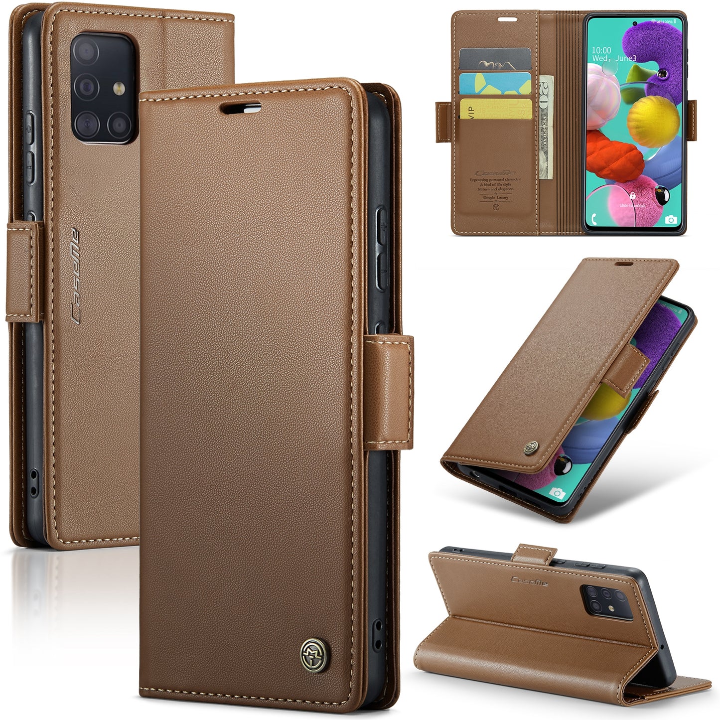Caseme 023 Series Leather Phone Case for Samsung Galaxy A51 4G SM-A515  M40S Stand RFID Blocking Wallet Flip Cover Brown