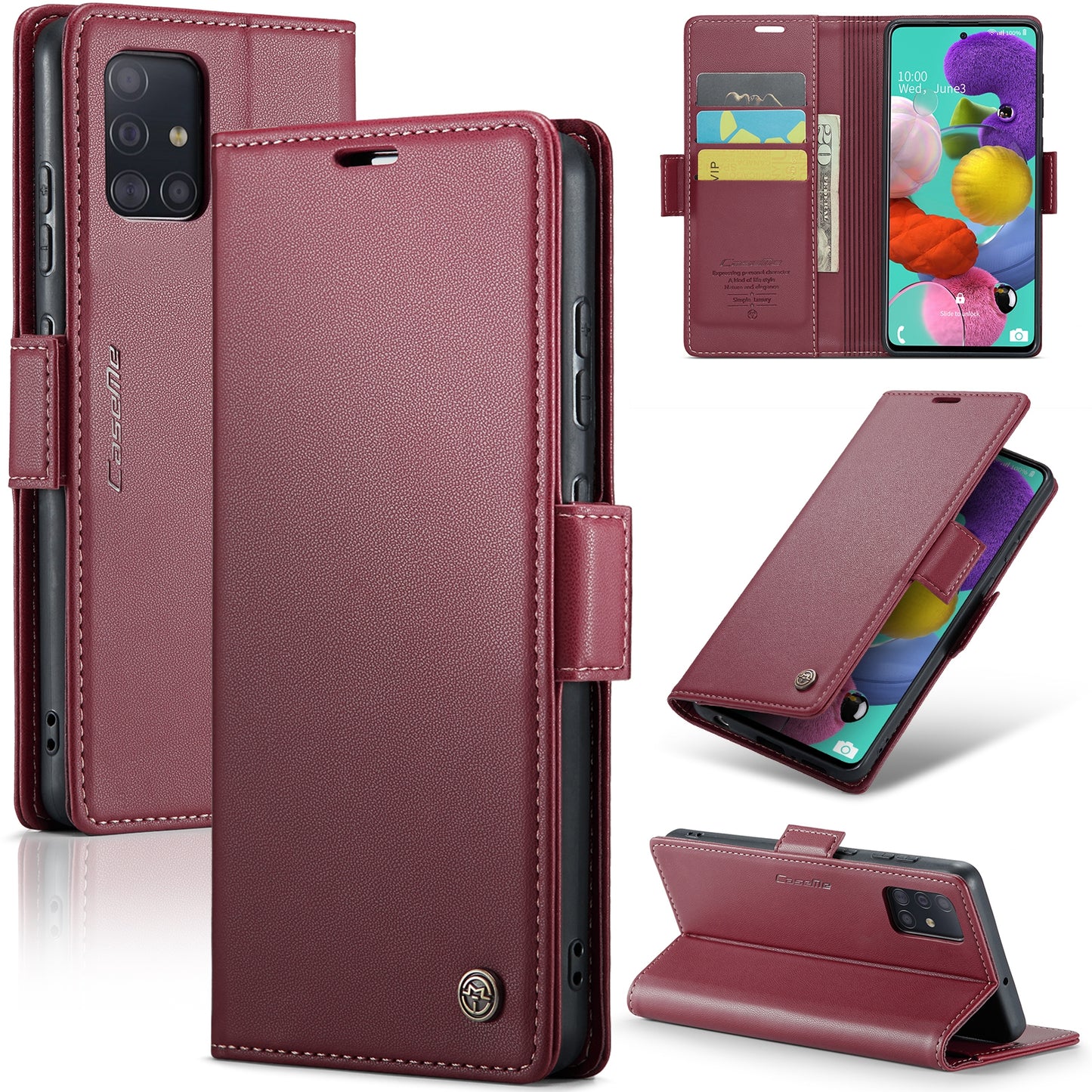 Caseme 023 Series Leather Phone Case for Samsung Galaxy A51 4G SM-A515 / M40S , Stand RFID Blocking Wallet Flip Cover - Red