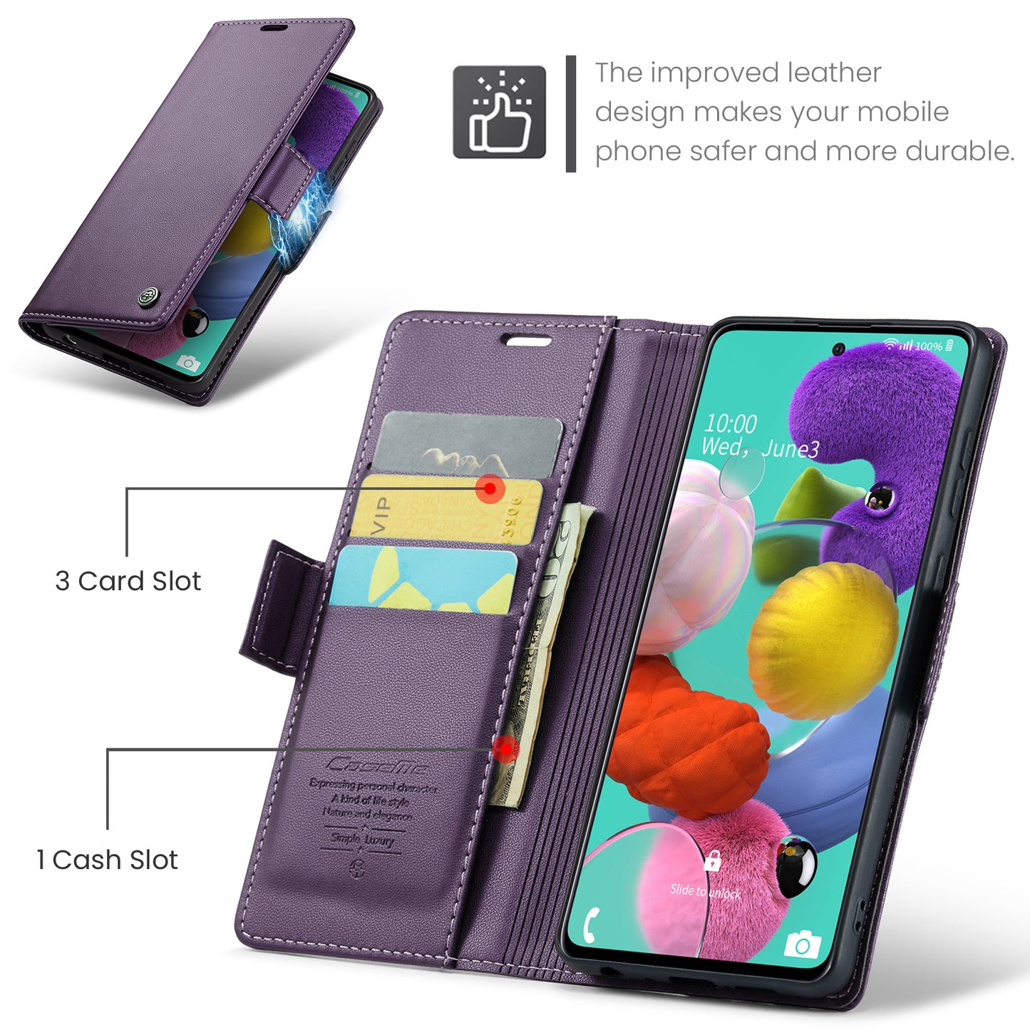 Caseme 023 Series Leather Phone Case for Samsung Galaxy A51 4G SM-A515 / M40S , Stand RFID Blocking Wallet Flip Cover - Purple