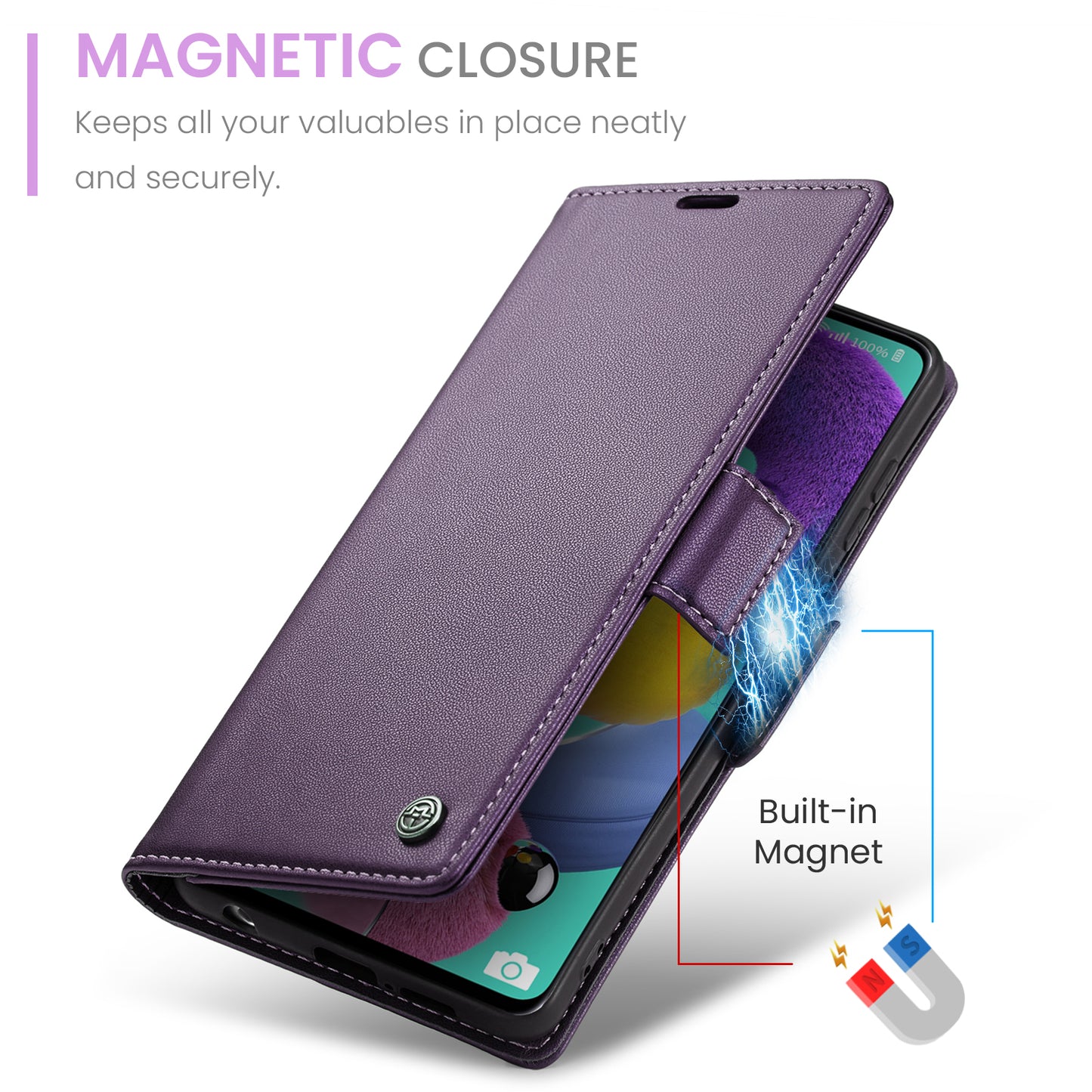 Caseme 023 Series Leather Phone Case for Samsung Galaxy A51 4G SM-A515 / M40S , Stand RFID Blocking Wallet Flip Cover - Purple