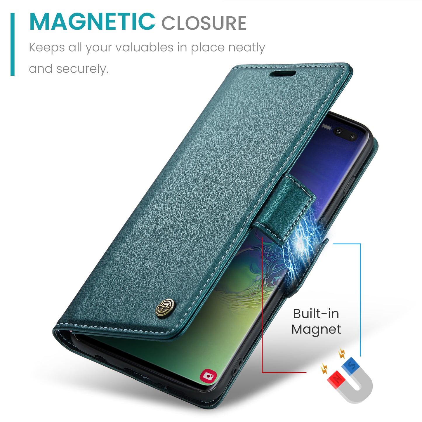 Caseme 023 Series For Samsung Galaxy S10 Plus RFID Blocking Leather Case Wallet Stand Phone Cover - Green