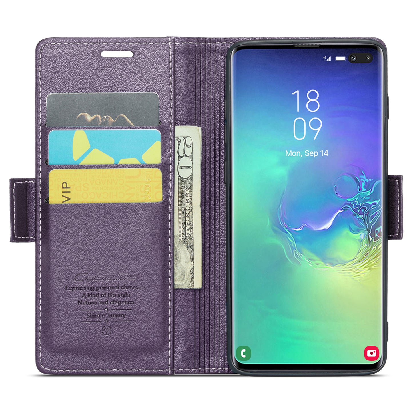 Caseme 023 Series For Samsung Galaxy S10 Plus RFID Blocking Leather Case Wallet Stand Phone Cover - Purple