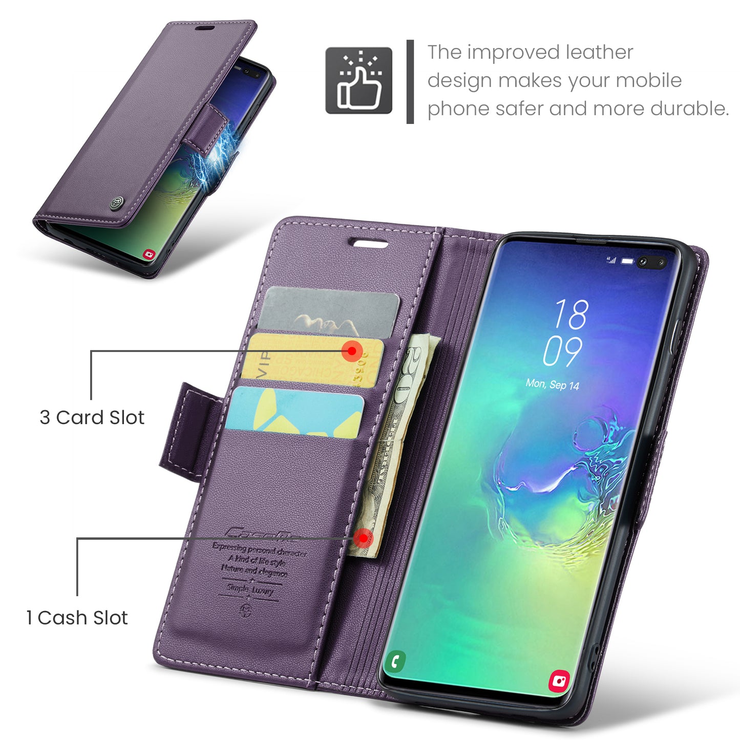Caseme 023 Series For Samsung Galaxy S10 Plus RFID Blocking Leather Case Wallet Stand Phone Cover - Purple
