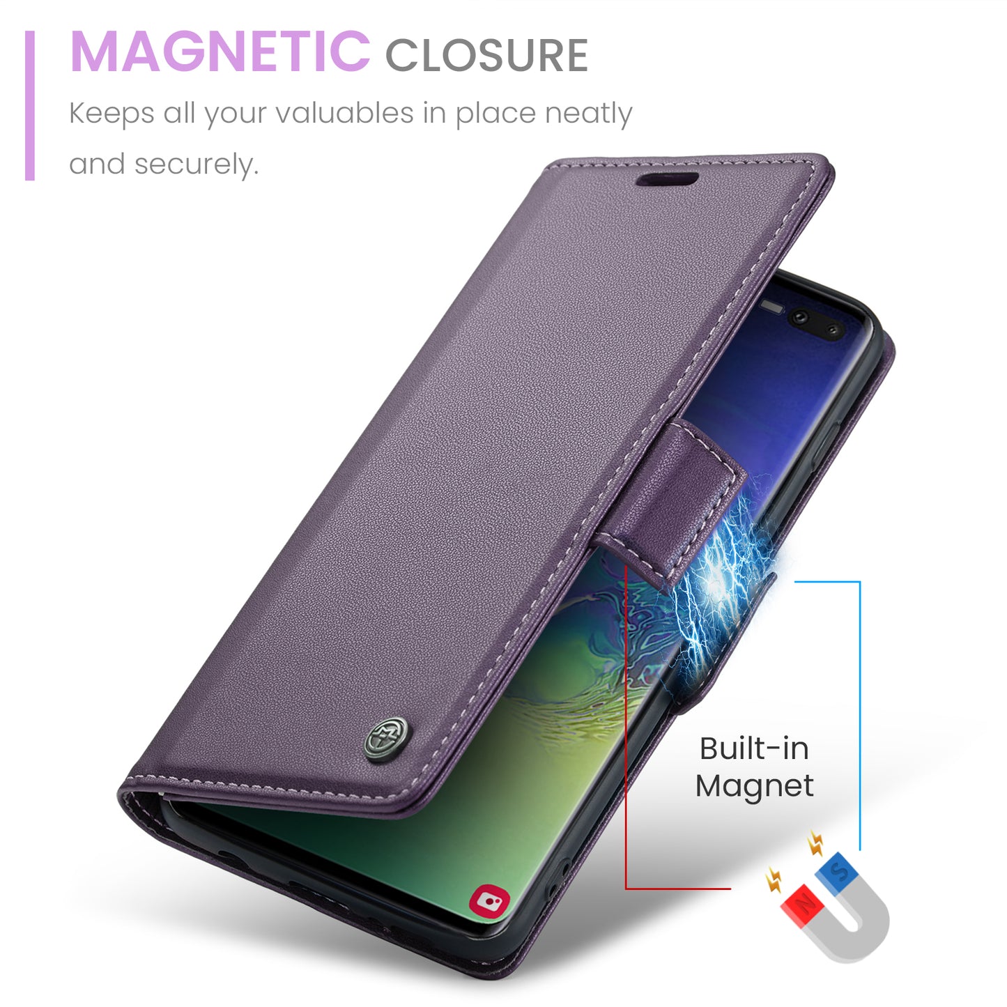Caseme 023 Series For Samsung Galaxy S10 Plus RFID Blocking Leather Case Wallet Stand Phone Cover - Purple