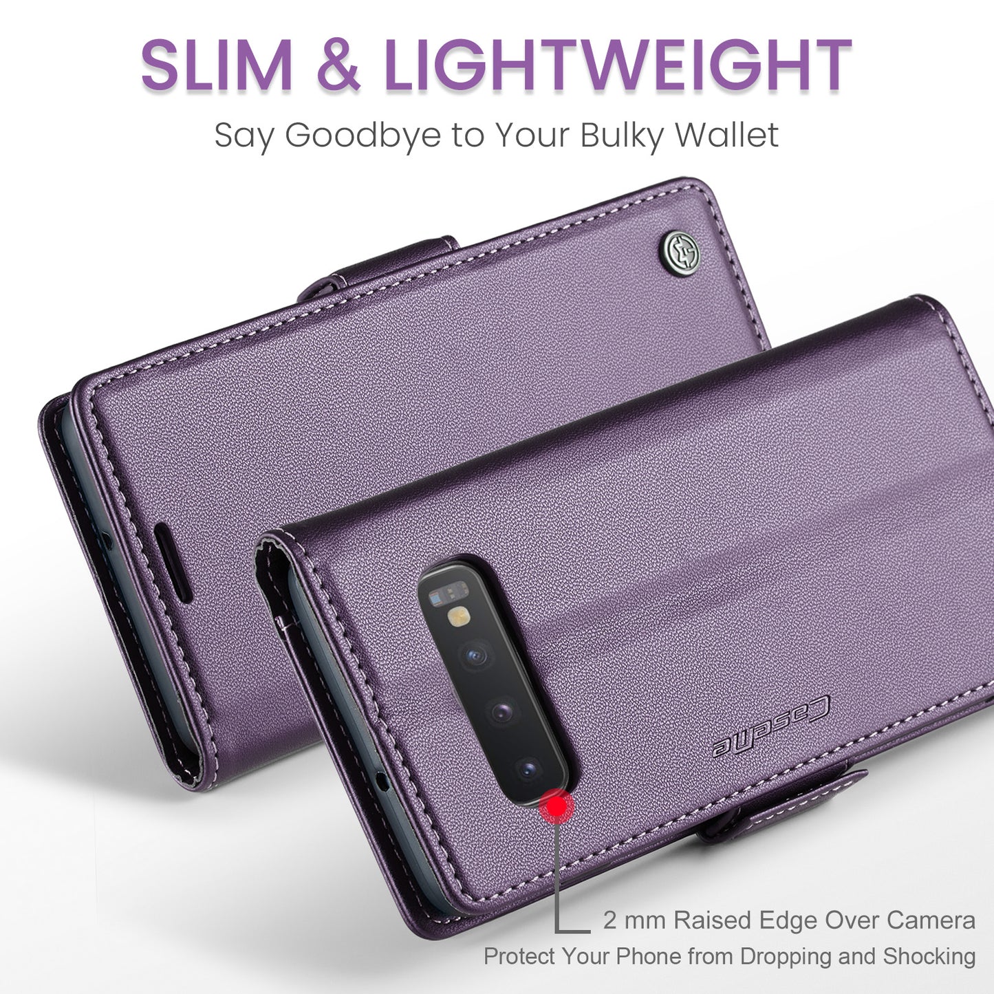 Caseme 023 Series For Samsung Galaxy S10 Plus RFID Blocking Leather Case Wallet Stand Phone Cover - Purple