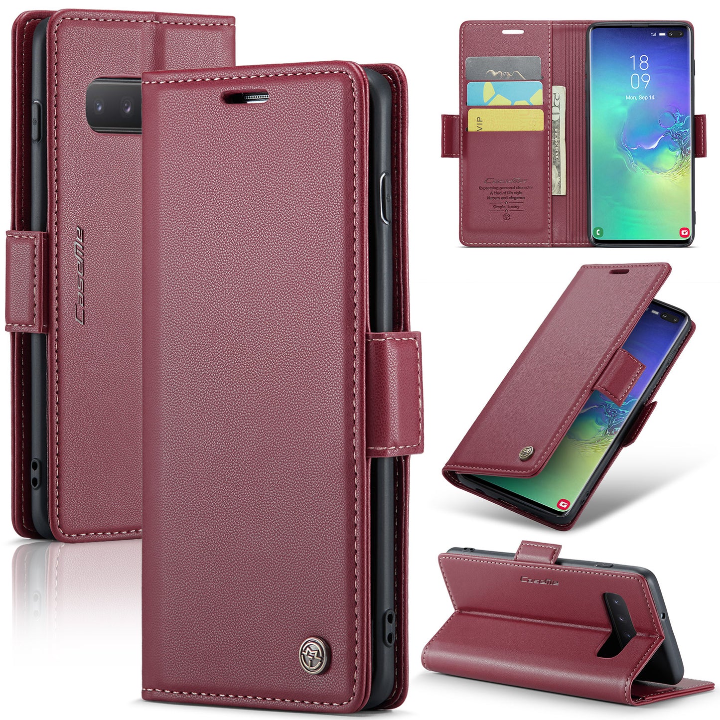 Caseme 023 Series For Samsung Galaxy S10 Plus RFID Blocking Leather Case Wallet Stand Phone Cover - Red