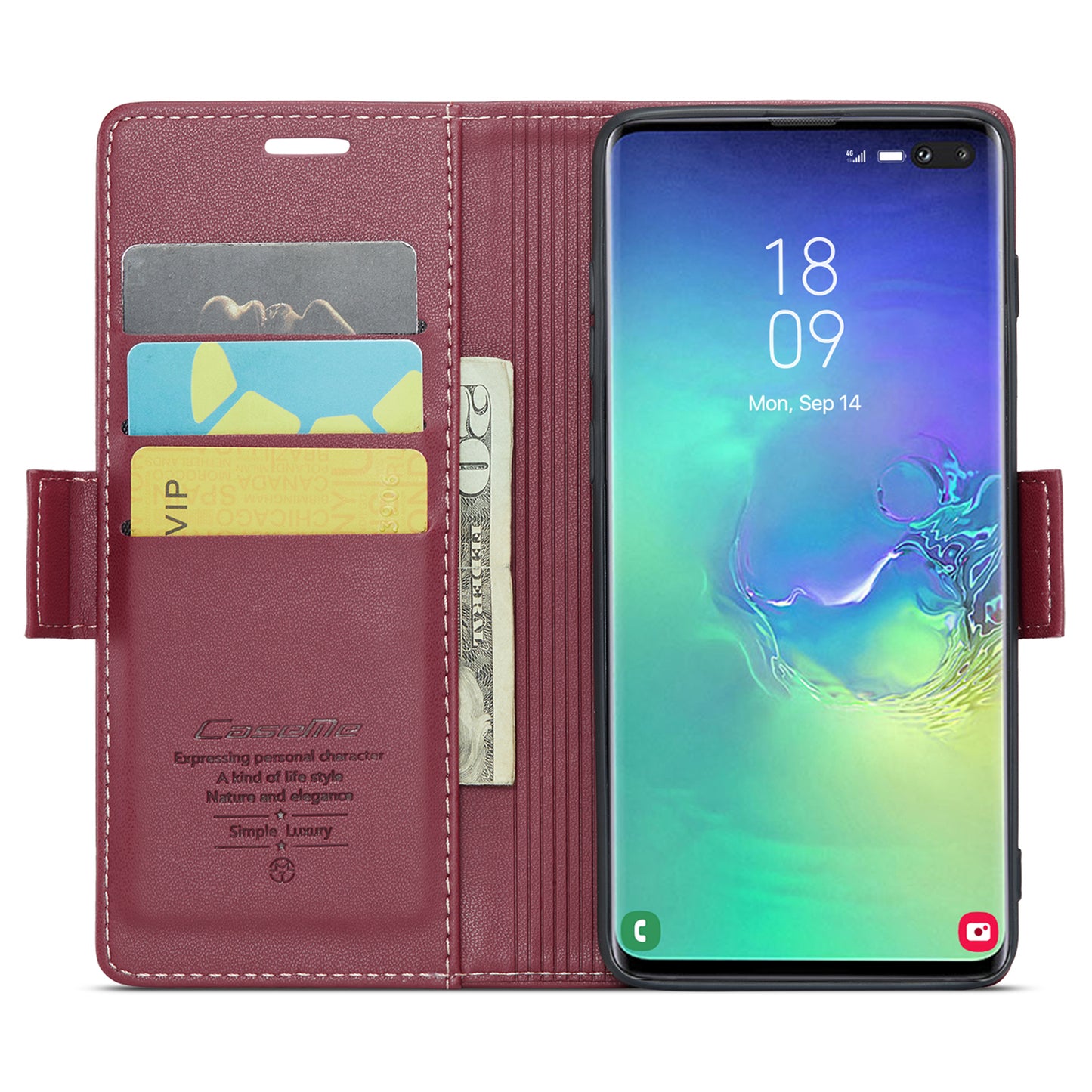 Caseme 023 Series For Samsung Galaxy S10 Plus RFID Blocking Leather Case Wallet Stand Phone Cover - Red