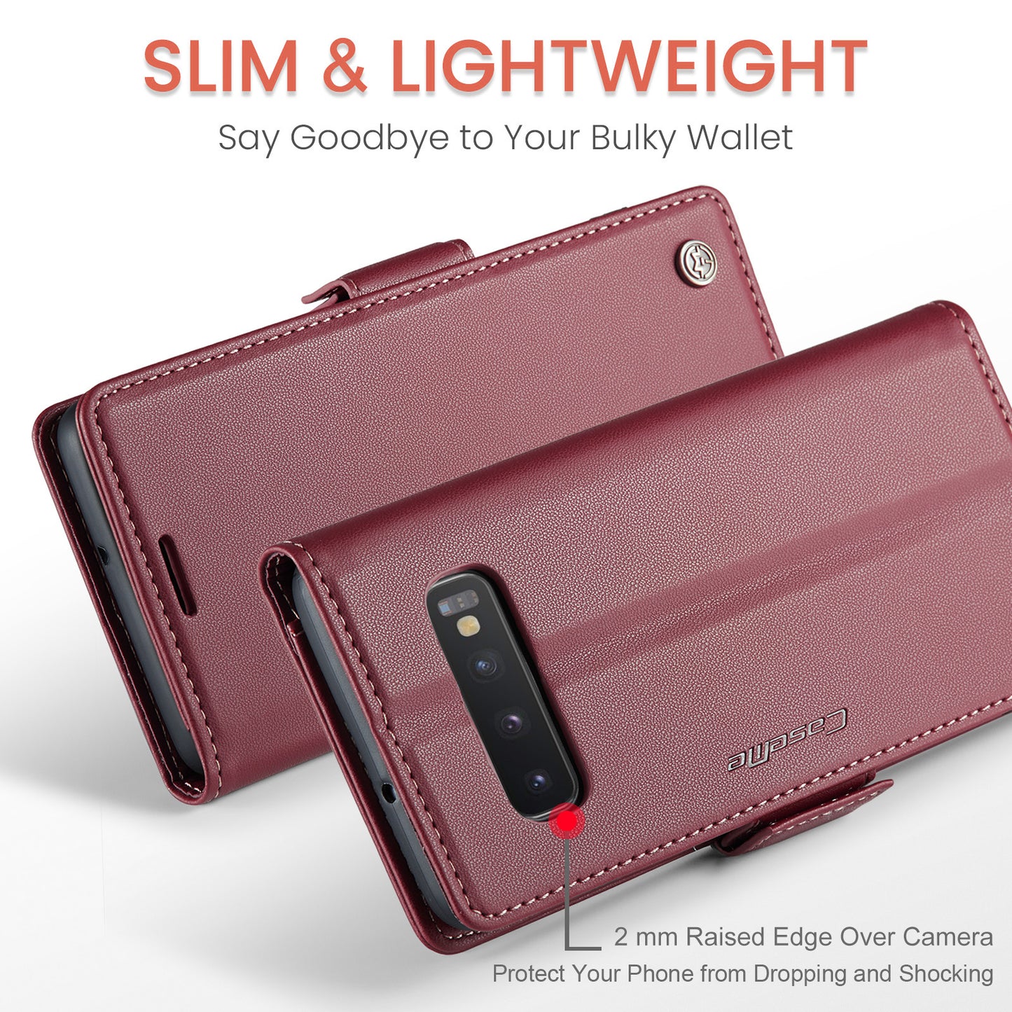 Caseme 023 Series For Samsung Galaxy S10 Plus RFID Blocking Leather Case Wallet Stand Phone Cover - Red
