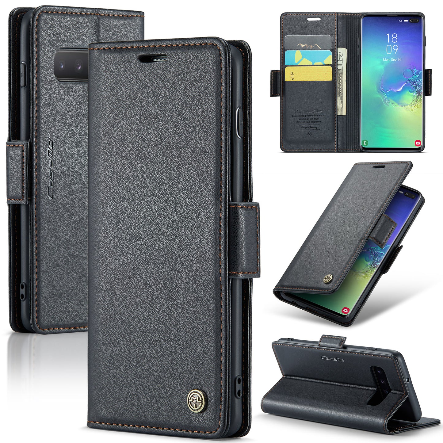 Caseme 023 Series For Samsung Galaxy S10 Plus RFID Blocking Leather Case Wallet Stand Phone Cover - Black