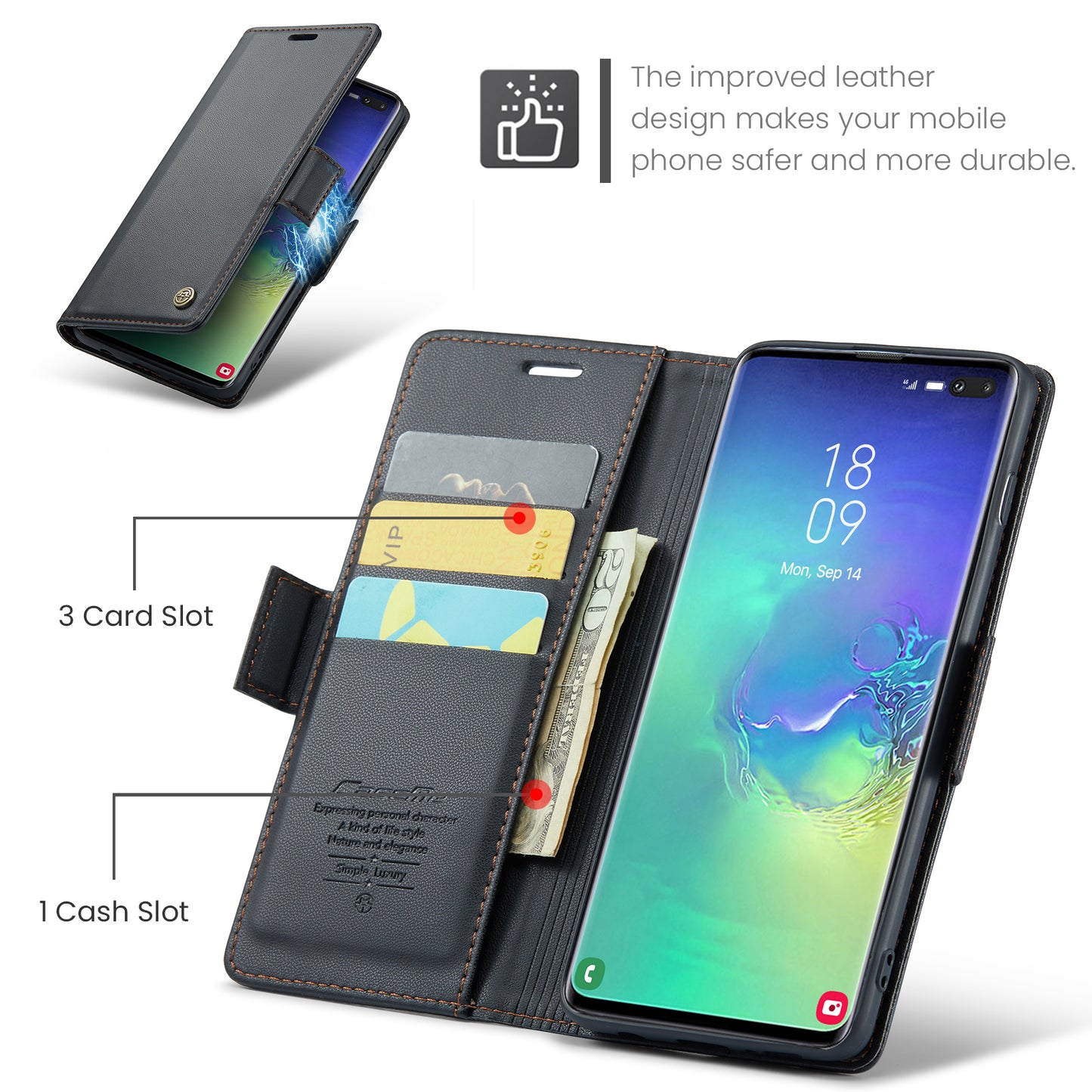 Caseme 023 Series For Samsung Galaxy S10 Plus RFID Blocking Leather Case Wallet Stand Phone Cover - Black