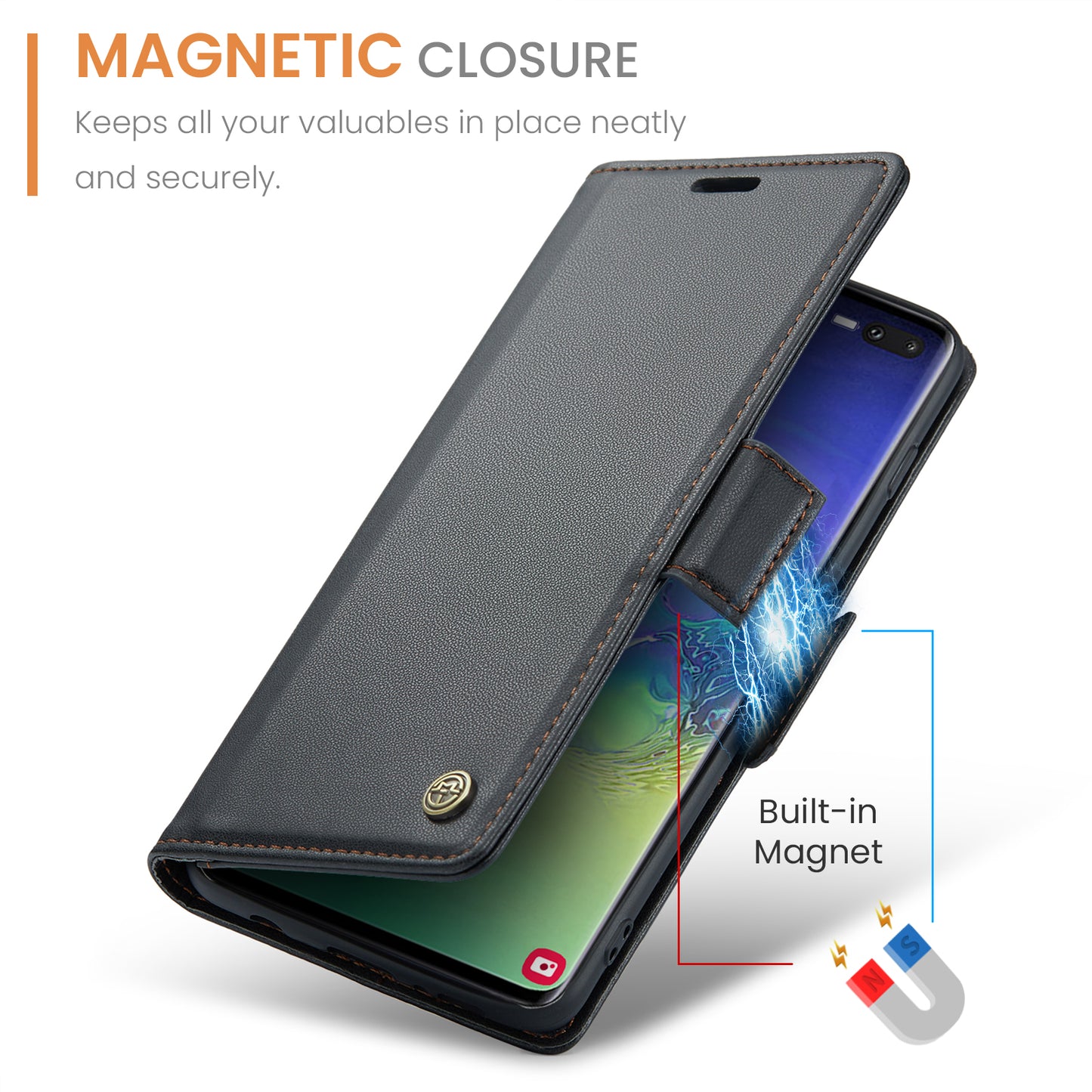 Caseme 023 Series For Samsung Galaxy S10 Plus RFID Blocking Leather Case Wallet Stand Phone Cover - Black