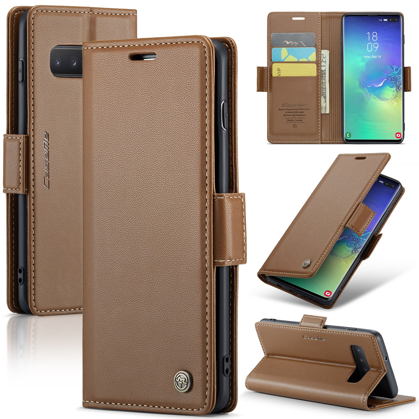 Caseme 023 Series For Samsung Galaxy S10 Plus RFID Blocking Leather Case Wallet Stand Phone Cover - Brown