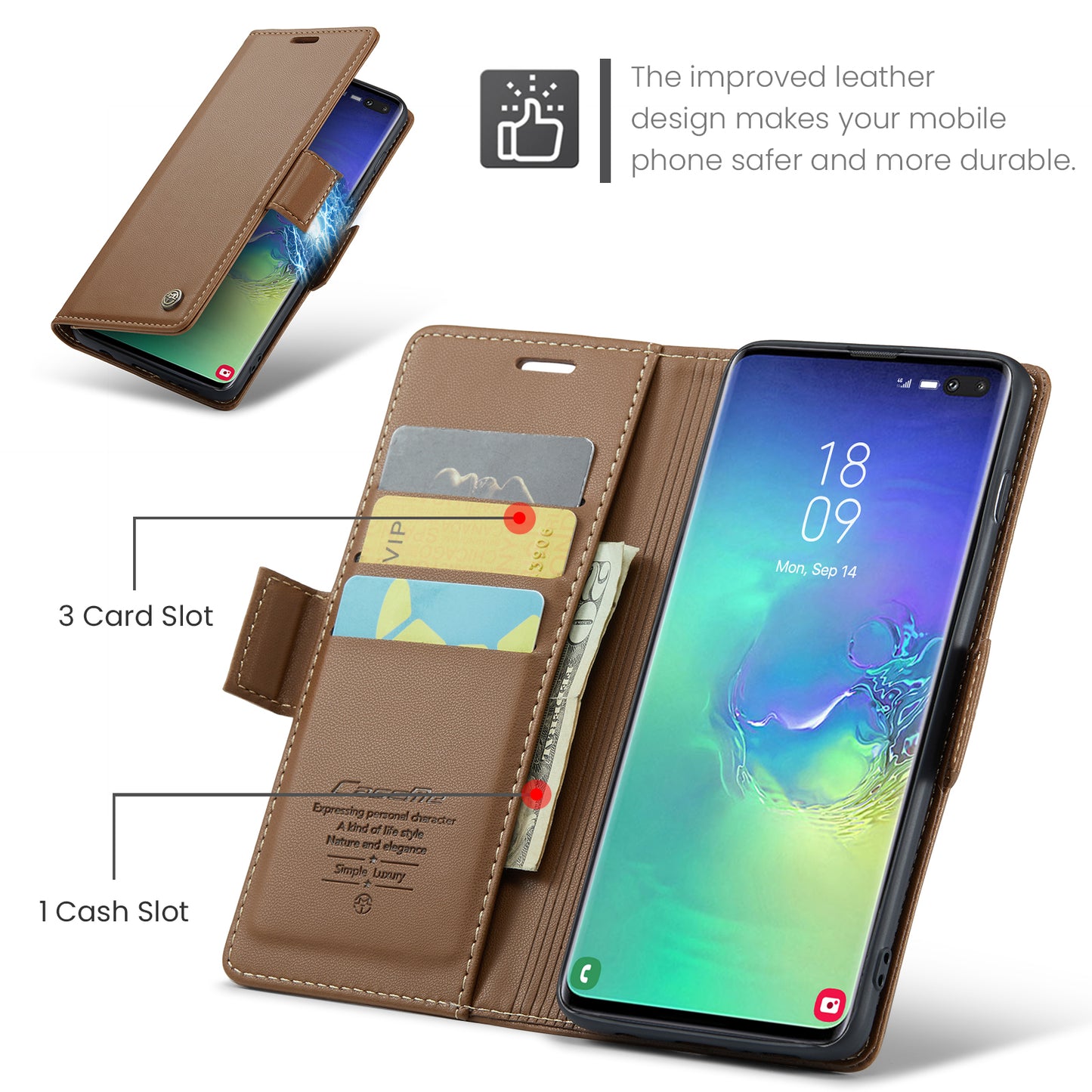 Caseme 023 Series For Samsung Galaxy S10 Plus RFID Blocking Leather Case Wallet Stand Phone Cover - Brown