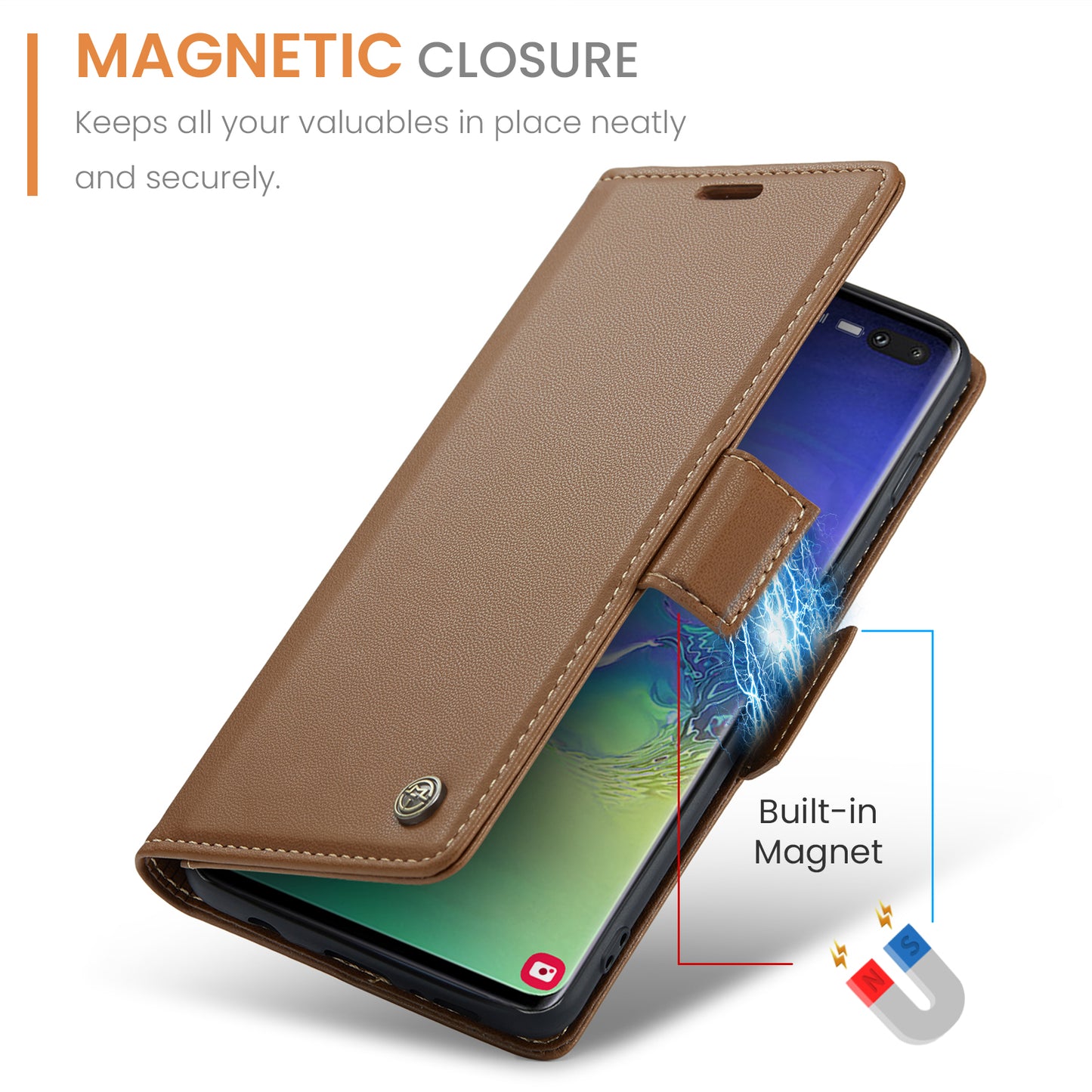Caseme 023 Series For Samsung Galaxy S10 Plus RFID Blocking Leather Case Wallet Stand Phone Cover - Brown