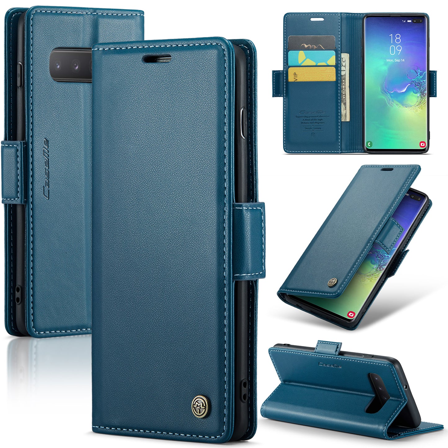 Caseme 023 Series For Samsung Galaxy S10 Plus RFID Blocking Leather Case Wallet Stand Phone Cover - Blue